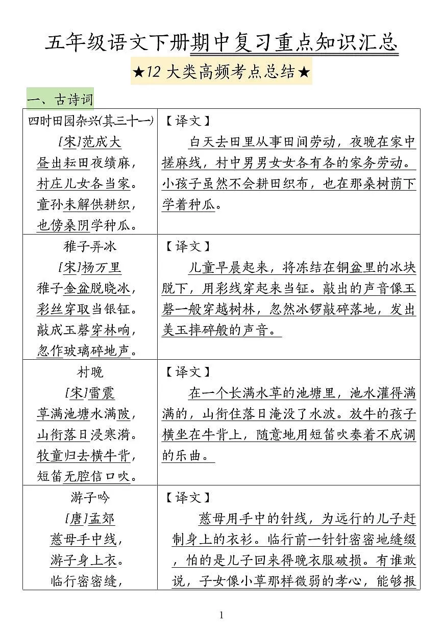 五年级下册语文期中高频考点知识点总结第1页