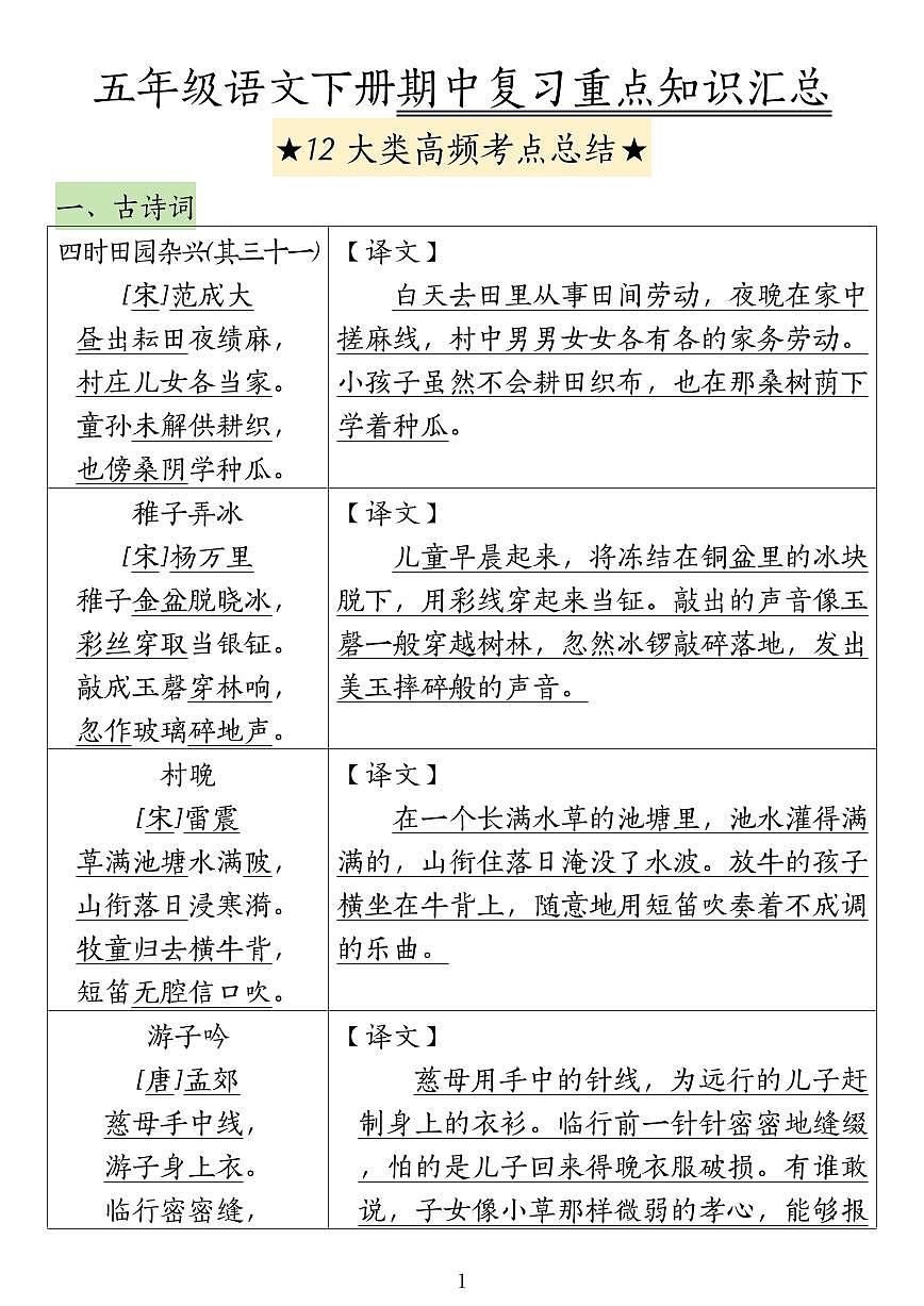 五年级下册语文期中高频考点知识点总结第1页