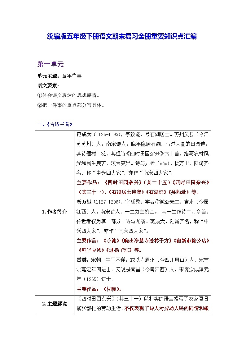 统编版五年级下册语文期末复习全册重要知识点汇编 学案第1页