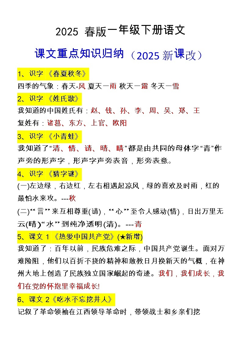 2025春新版一年级下册期末语文课文重点知识归纳第1页