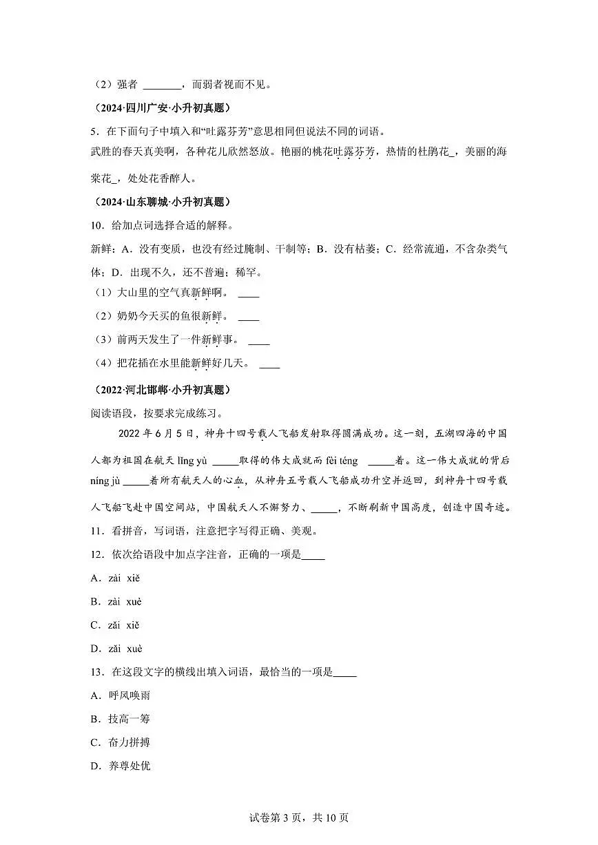 2025年六年级语文下册（小升初）语文基础知识—真题汇编（含答案）第3页