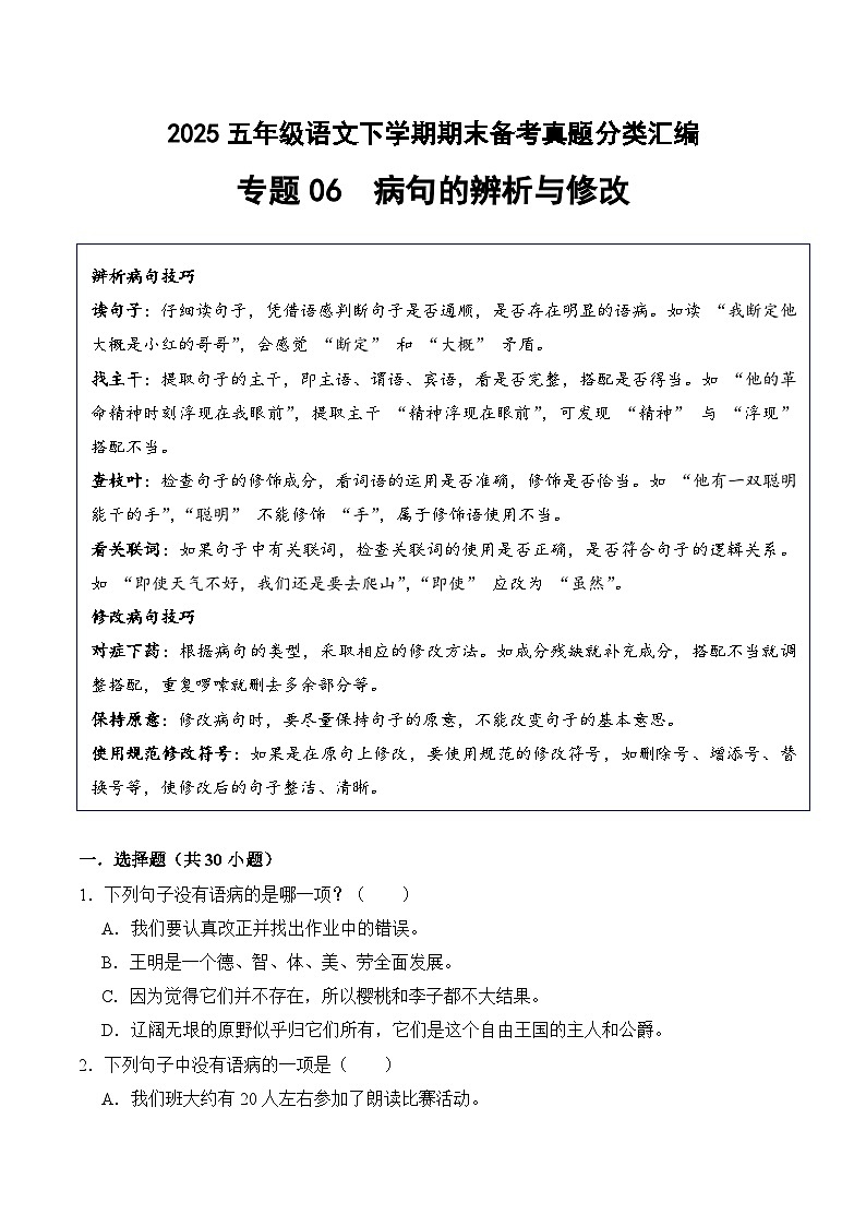 五年级语文下册期末备考真题 06 病句的辨析与修改（原卷+答案解释）2024-2025学年 统编版第1页