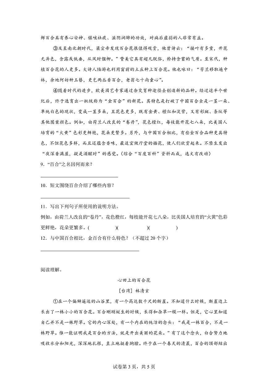 2024━2025学年广东省中山市统编版五年级下学期期中考试语文检测试卷（含答案）第3页