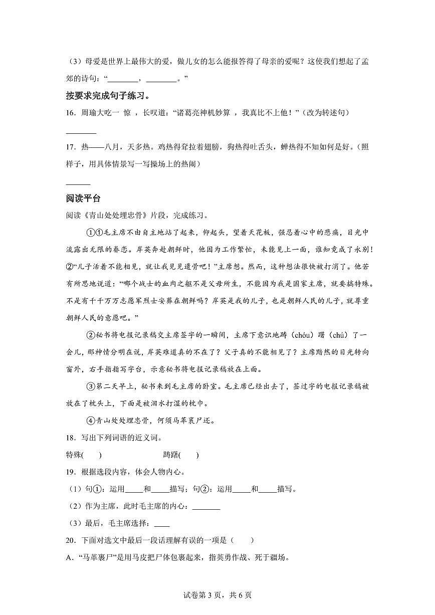 2024━2025学年广西壮族自治区玉林市陆川县统编版五年级下学期期中考试语文检测试卷（含答案）第3页