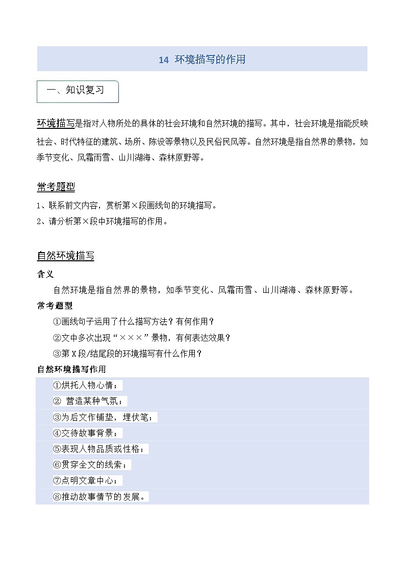 专题14 环境描写的作用（讲义）第1页