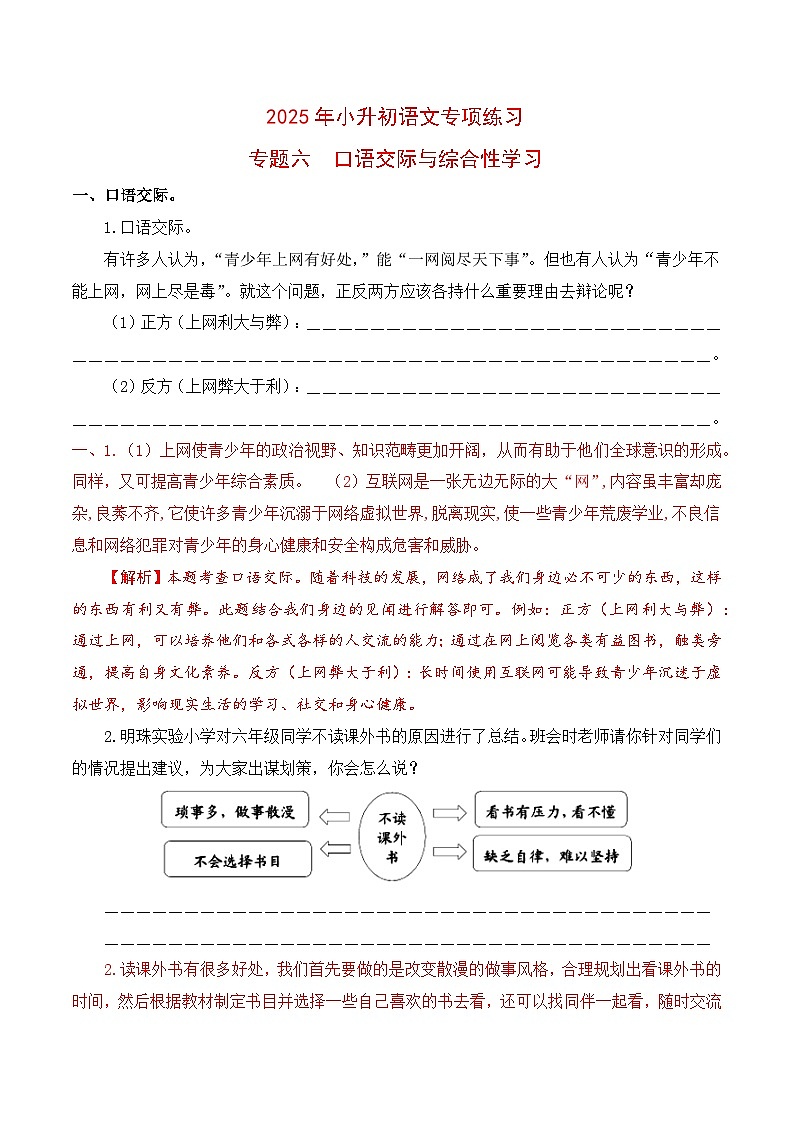【复习篇】专项六 口语交际与综合性学习-2025年小升初语文专项练习 （解析版）第1页