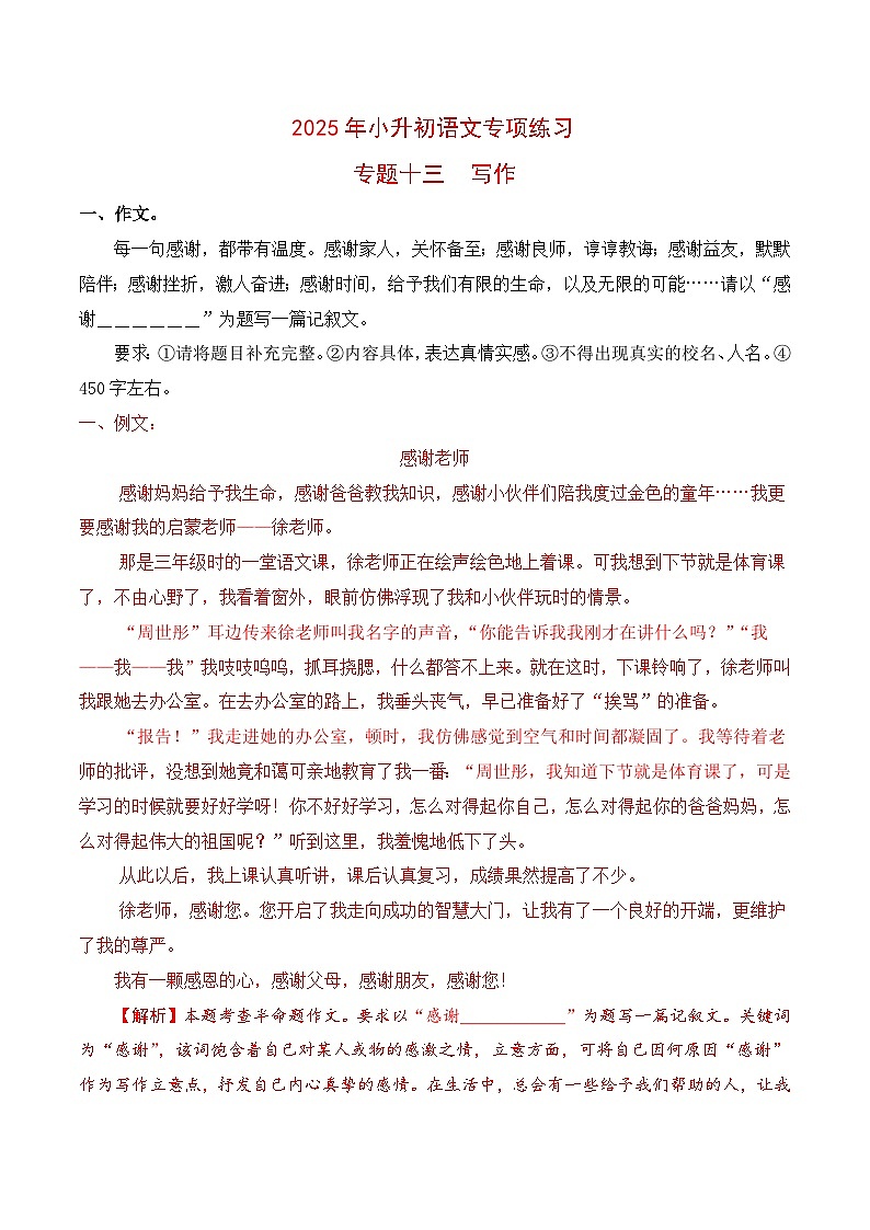 【复习篇】专项十三 写作-2025年小升初语文专项练习（解析版）第1页