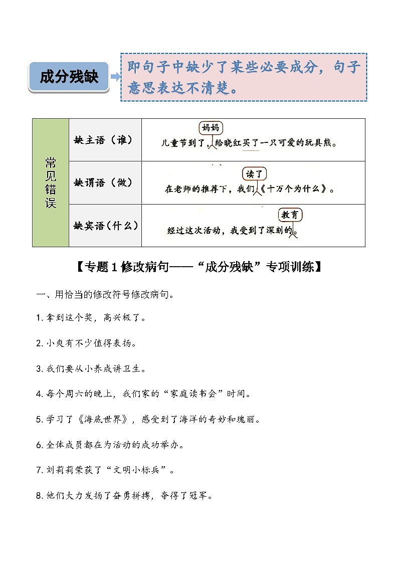 专题1（成分残缺）修改病句专项训练-2025学年小升初语文 统编版第2页