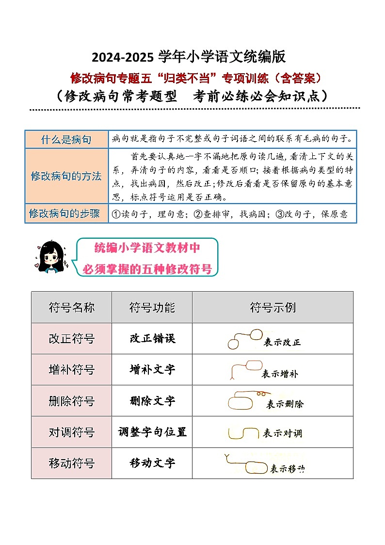 专题5（归类不当）修改病句专项训练-2025学年小升初语文 统编版第1页