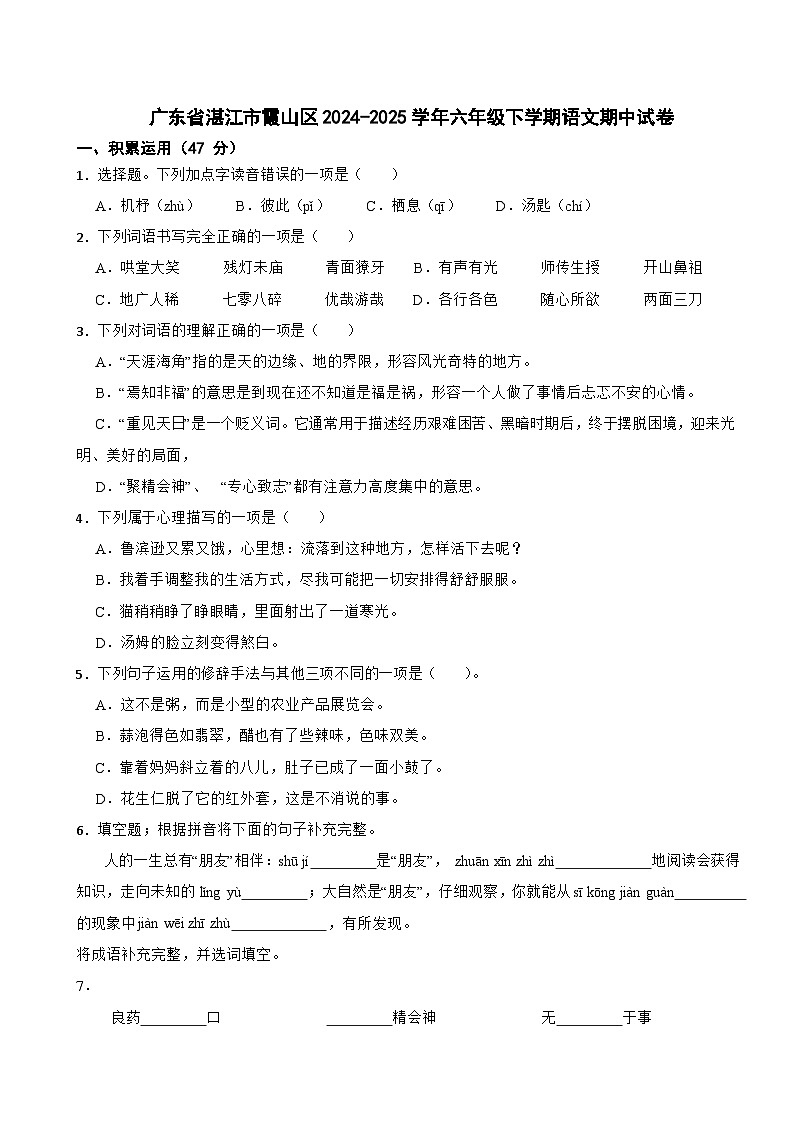 广东省湛江市霞山区2024-2025学年六年级下学期语文期中试卷第1页