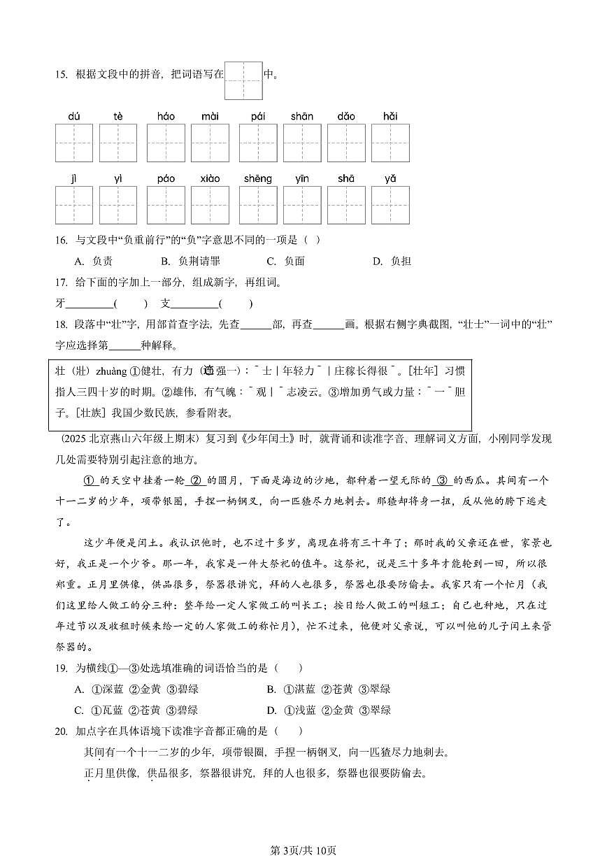 2025北京六年级（上）期末真题语文汇编：字音第3页