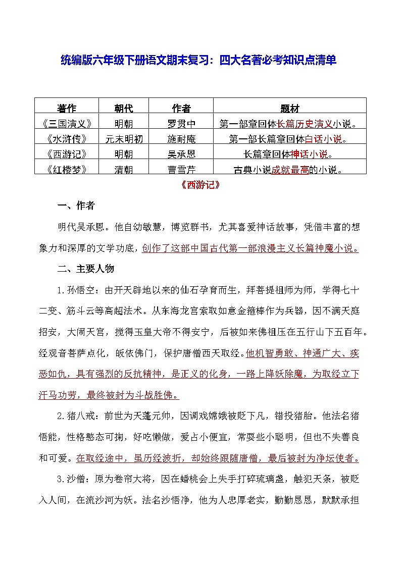 统编版六年级下册语文期末复习：四大名著必考知识点清单 学案第1页