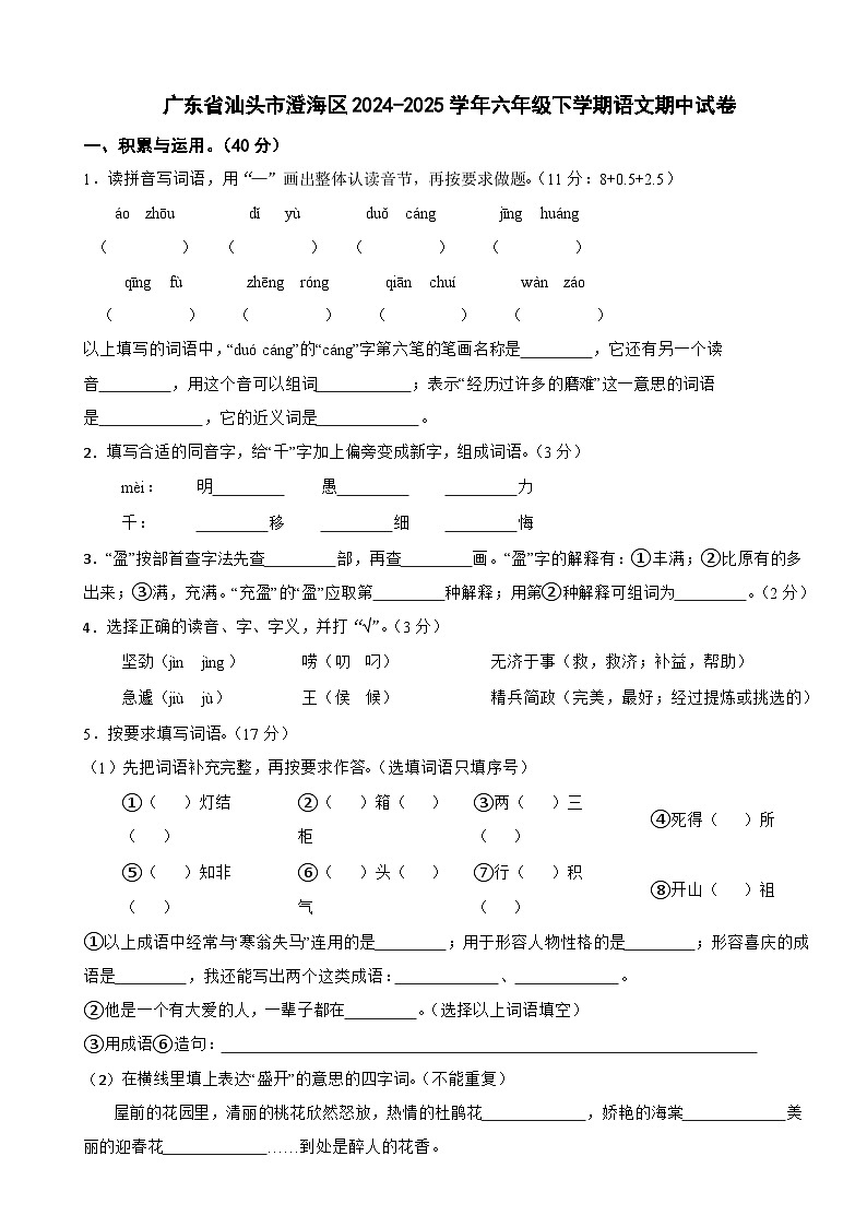 广东省汕头市澄海区2024-2025学年六年级下学期语文期中试卷第1页