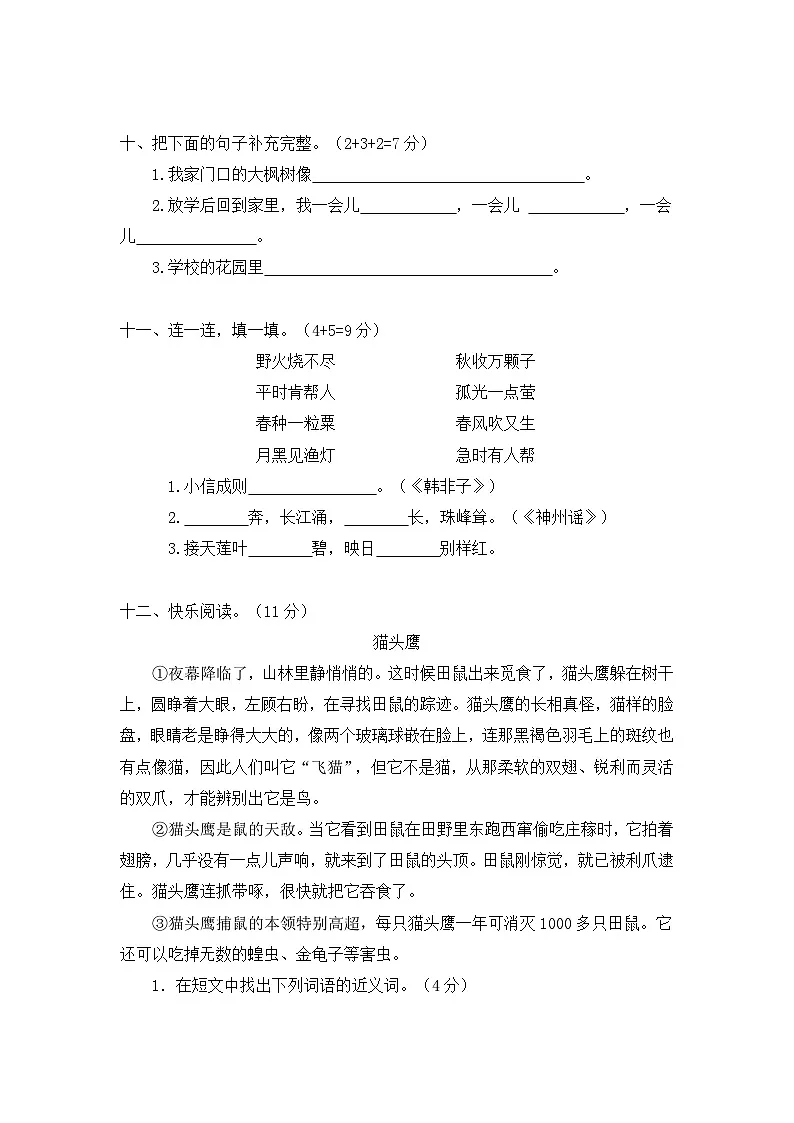 部编版2024-2025学年二年级语文下册期末检测卷（基础版）（含答案）第3页