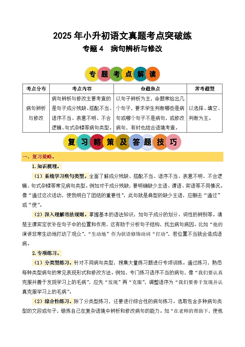 2025年小升初语文考点突破训练专题4病句辨析与修改（教师版）第1页