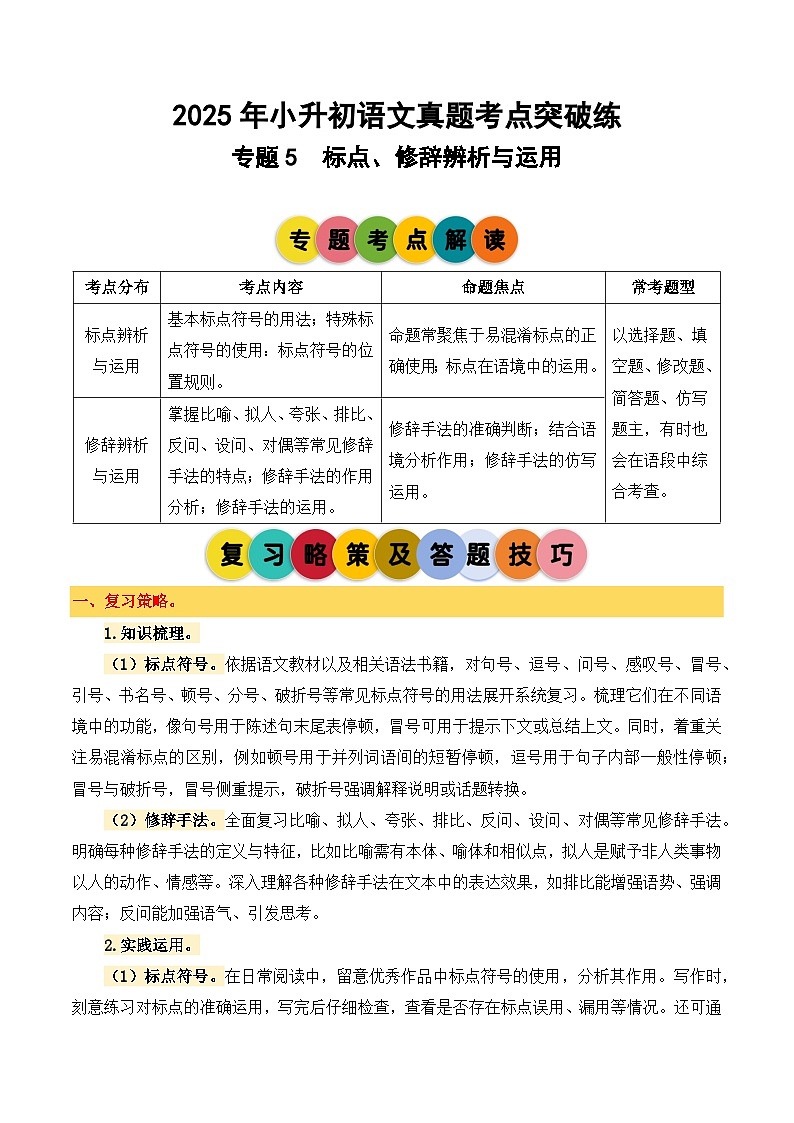 2025年小升初语文考点突破训练专题5标点、修辞辨析与运用（教师版）第1页