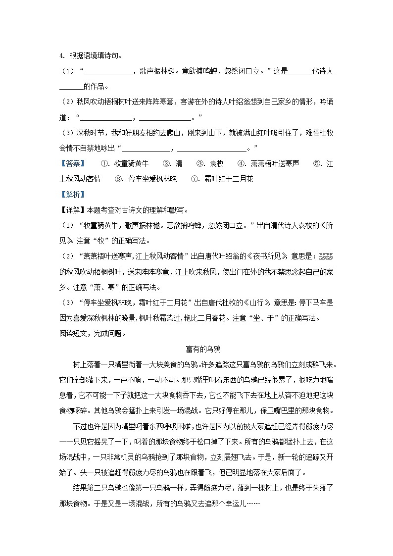 2022-2023学年上海市奉贤区小学三年级上册语文期中试题及答案第3页