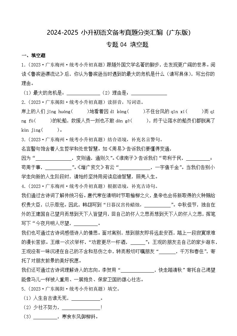 小升初语文备考真题分类汇编 专题04 填空题（原卷+答案解释）2024-2025学年（广东版）第1页
