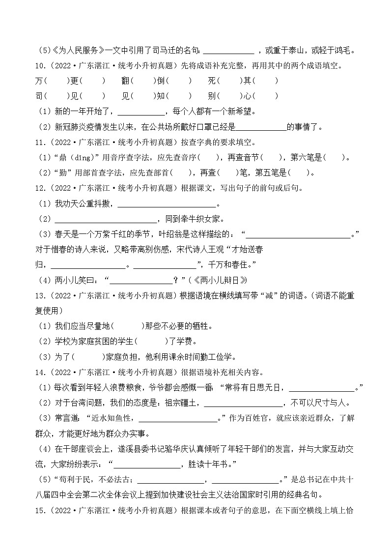 小升初语文备考真题分类汇编 专题04 填空题（原卷+答案解释）2024-2025学年（广东版）第3页