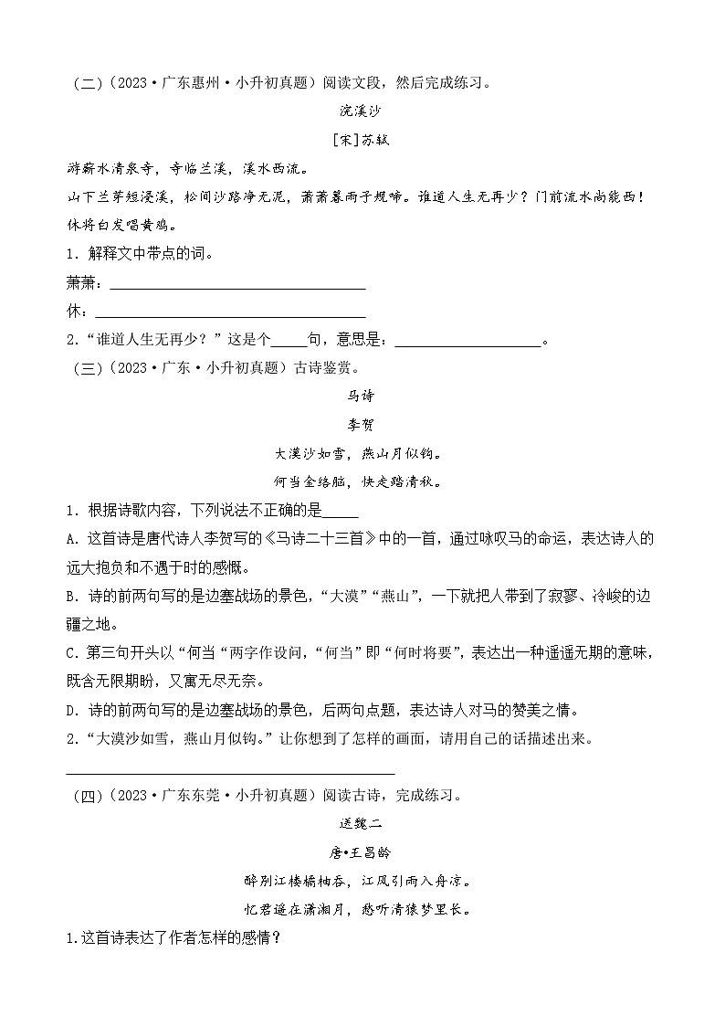小升初语文备考真题分类汇编 专题07 诗词鉴赏（原卷+答案解释）2024-2025学年（广东版）第2页