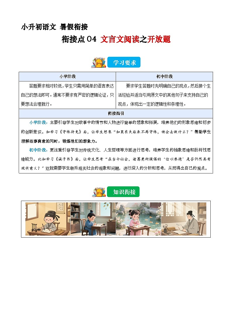 小升初语文暑假衔接  衔接点04 文言文阅读之开放题（解析）2025暑假小升初衔接课程第1页
