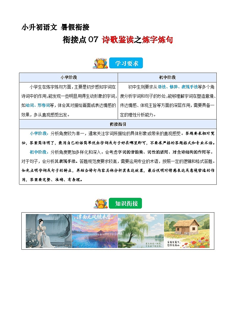 小升初语文暑假衔接 衔接点07 诗歌鉴赏之炼字炼句（解释）2025暑假小升初衔接课程第1页