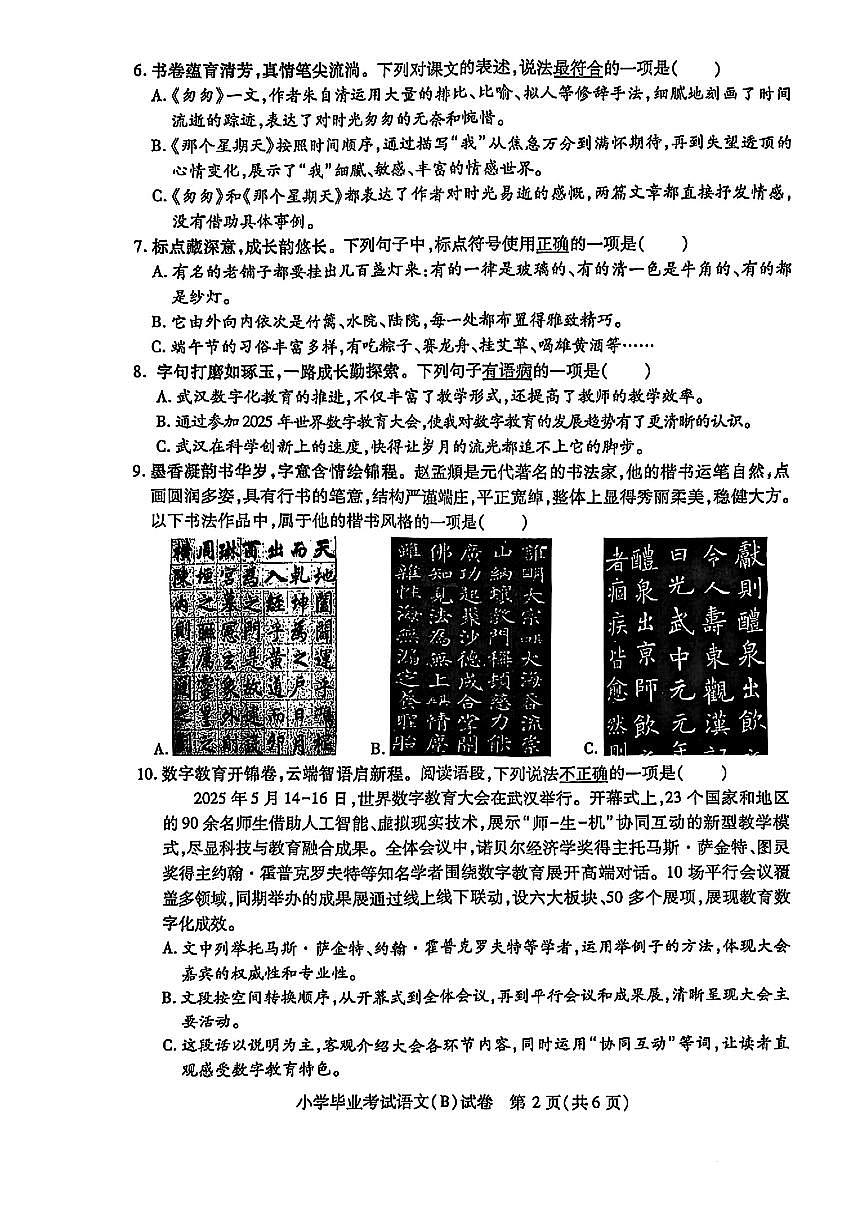 湖北省武汉市江岸区2024-2025学年六年级下学期6月期末语文试题B卷第2页