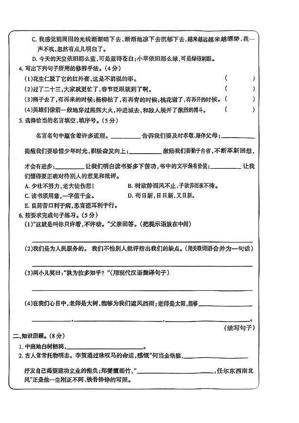 江西省宜春市丰城市2024-2025学年六年级下学期5月月考语文试卷第2页
