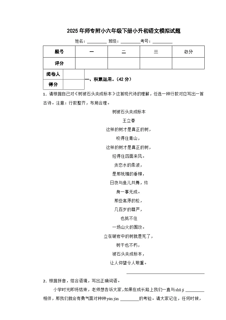 2025年师专附小六年级下册小升初语文模拟试题（七）附解析答案第1页