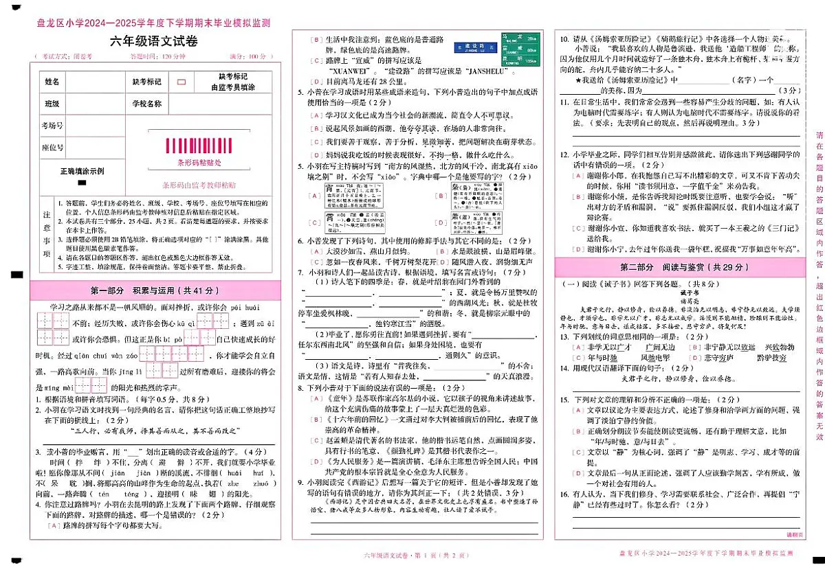 云南省昆明市盘龙区小学2024~2025学年六年级下学期期末毕业模拟监测-语文试题第1页