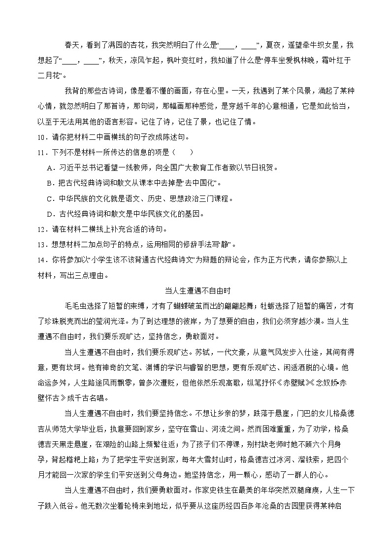 零陵区2025中山路小学六年级语文下册期末（小升初）试卷（九）(学生版)第3页