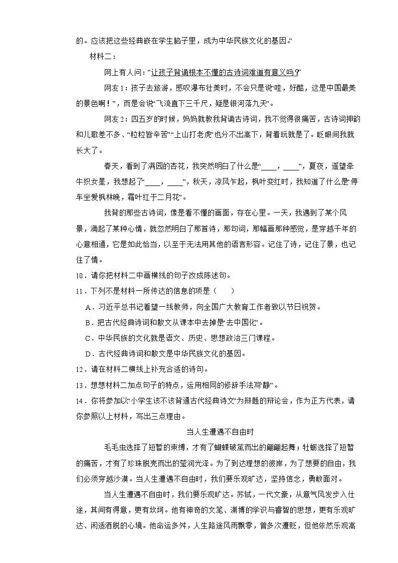 永州市2025年华阳学校六年级下册语文小升初模拟试卷（八）附解析答案第3页
