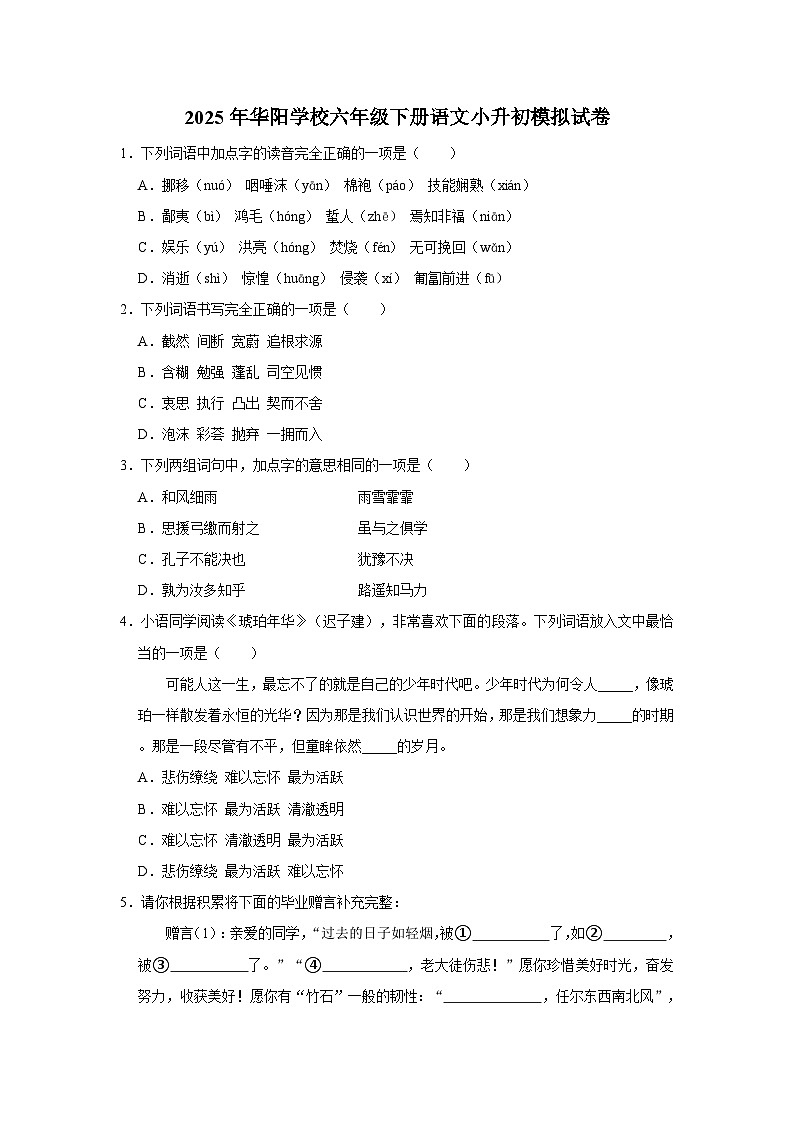 永州市2025年华阳学校六年级下册语文小升初模拟试卷（九）（含答案）第1页