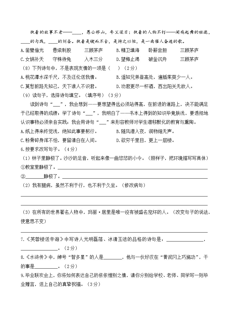 2025年小升初语文六升七分班考试模拟卷（六）A4 原卷版第3页
