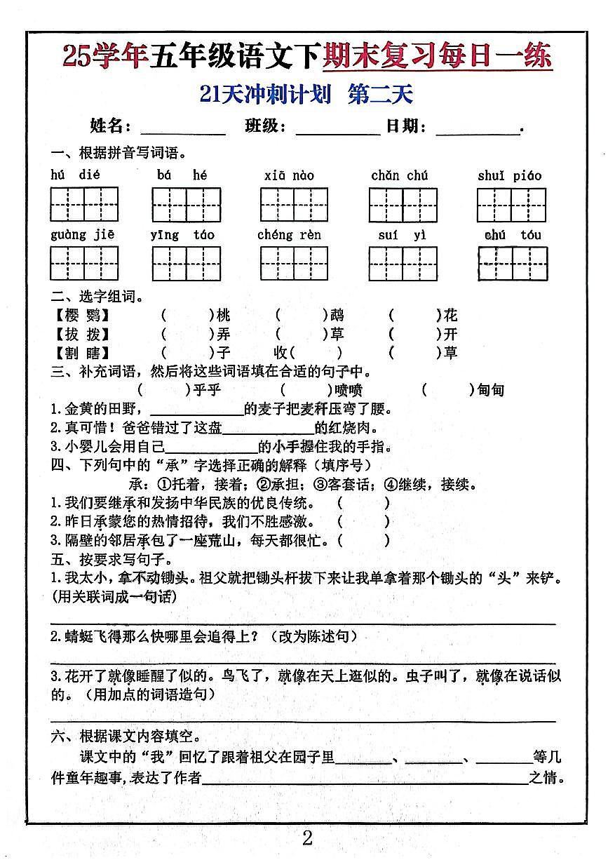 部编版五年级下册语文期末复习练习含答案第2页