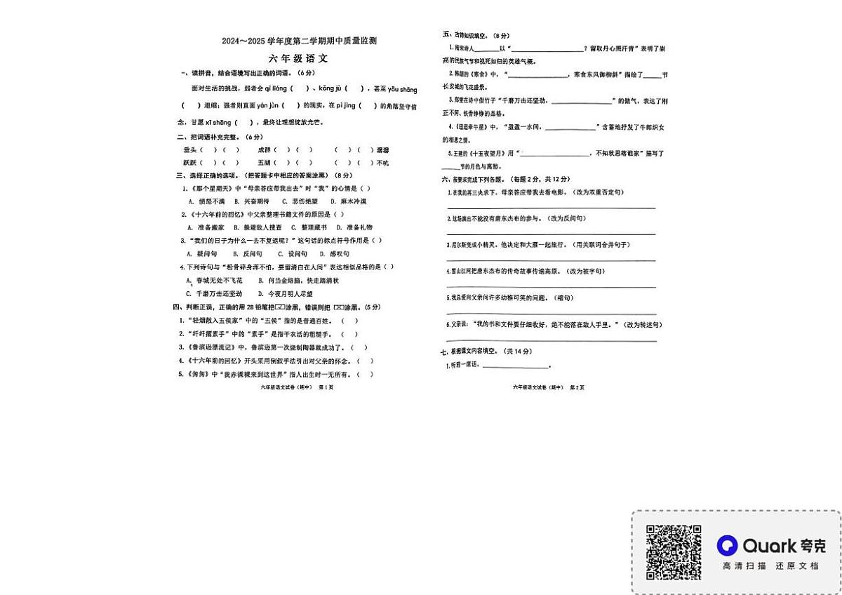 广东省揭阳市揭西县2024-2025学年六年级下学期期中语文试题第1页
