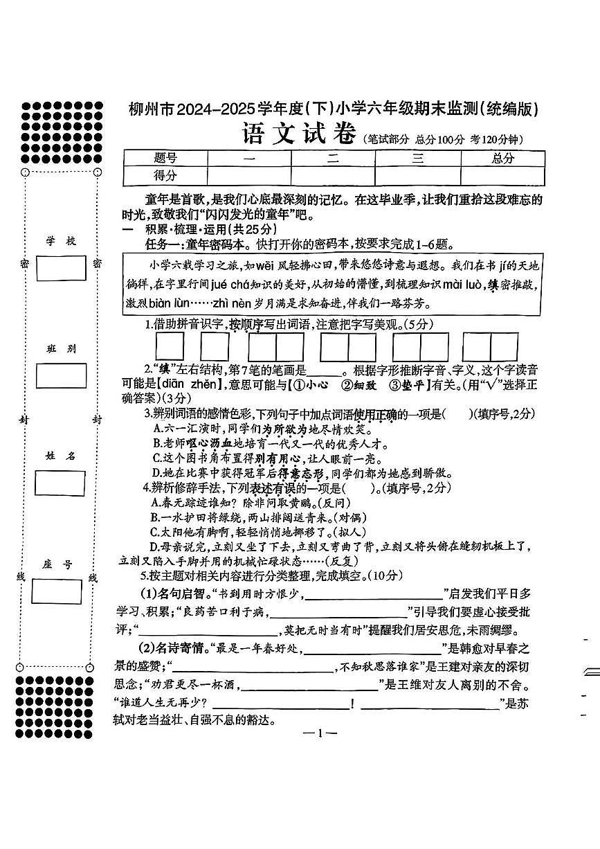 广西壮族自治区柳州市2024-2025学年六年级下学期期末语文试题第1页