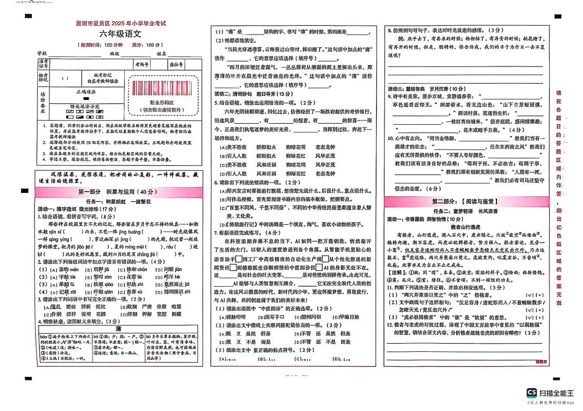 云南省昆明市呈贡区2024-2025学年六年级下学期期末语文试题第1页