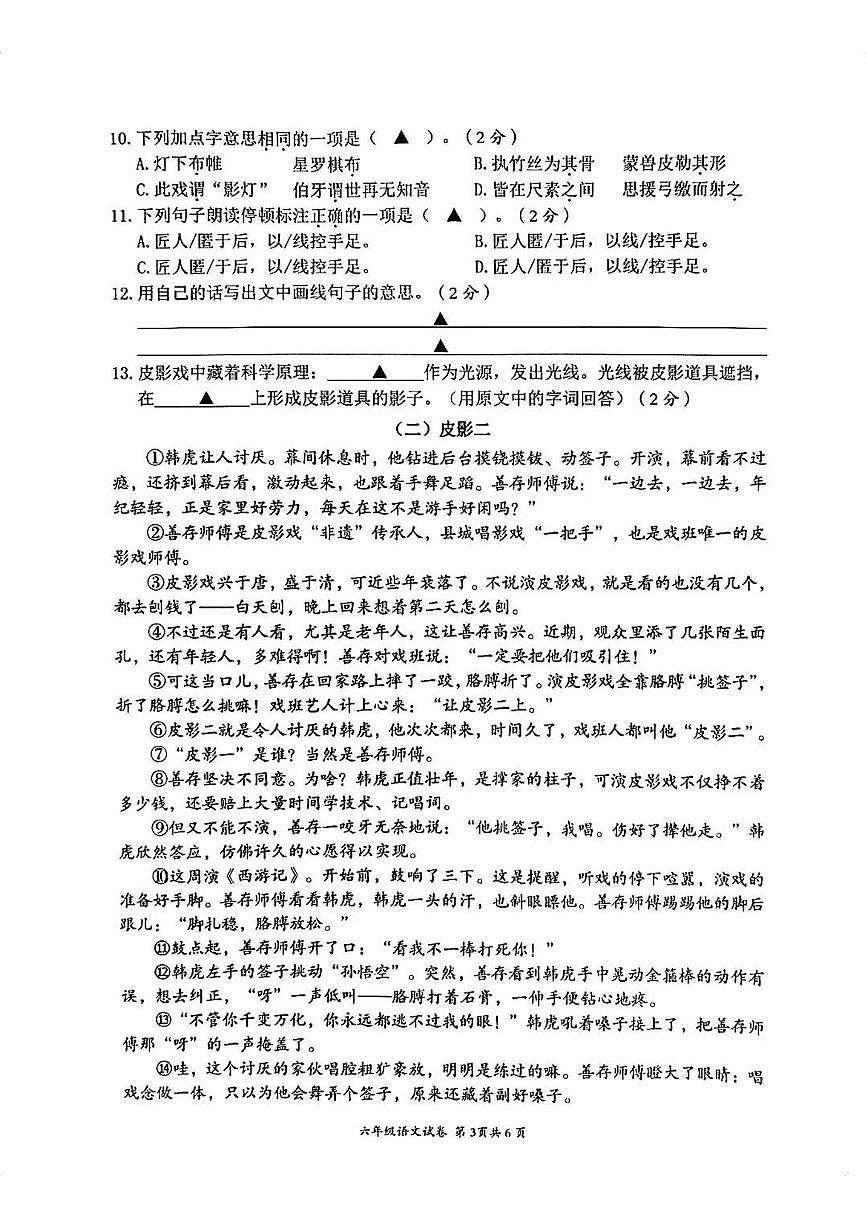 浙江省温州市瑞安市2024-2025学年第二学期六年级语文期末试卷（无答案）第3页