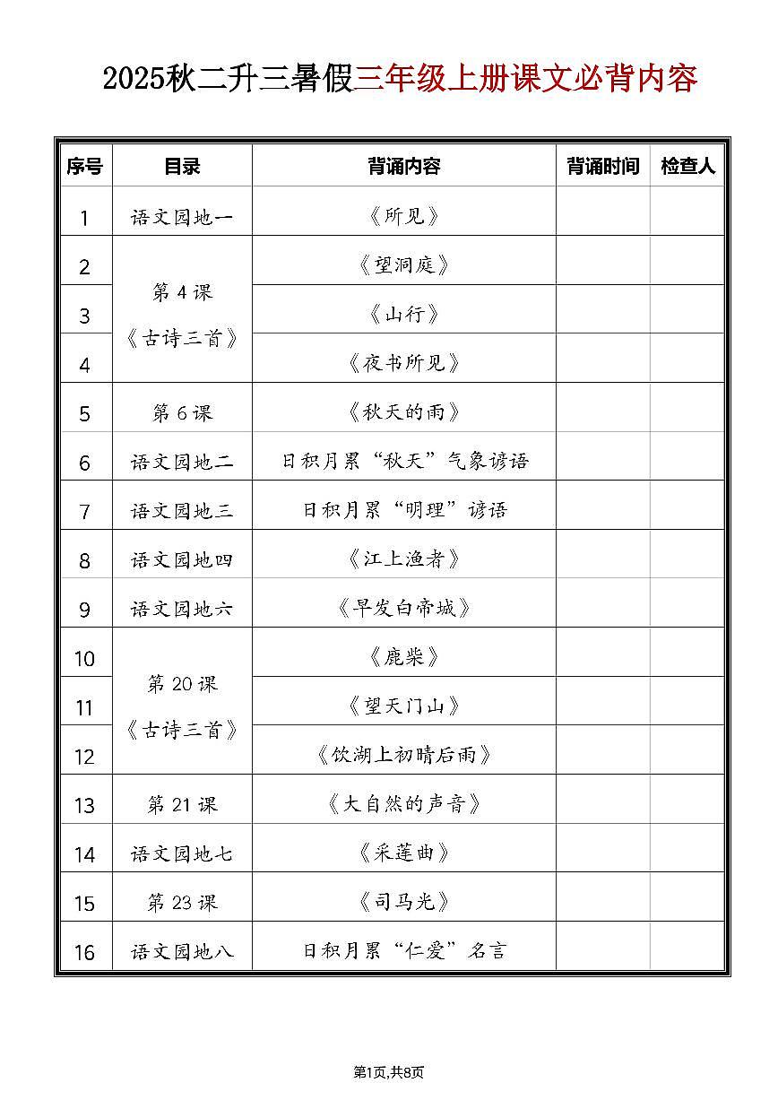 2025秋二升三暑假语文三年级上册必背内容知识点第1页