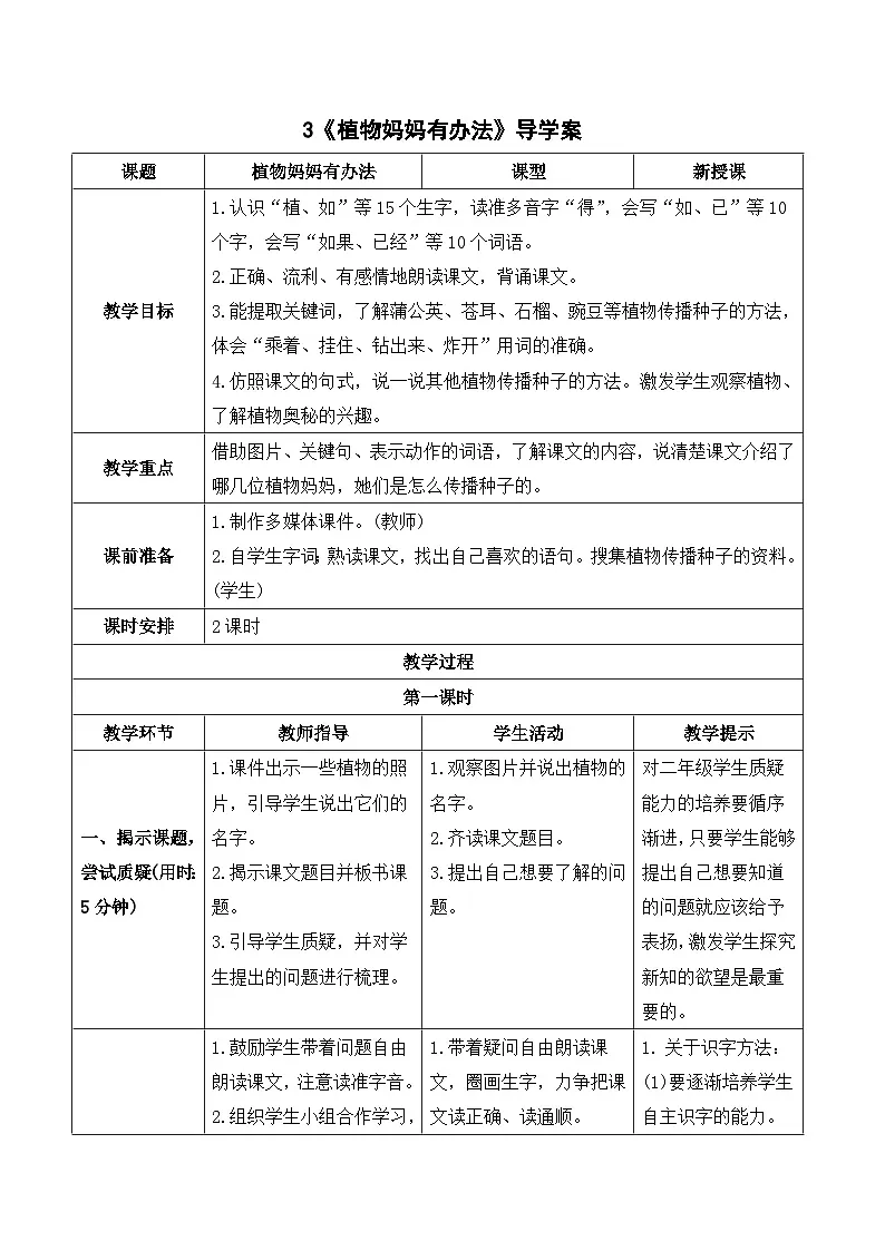 《植物妈妈有办法》导学案第1页