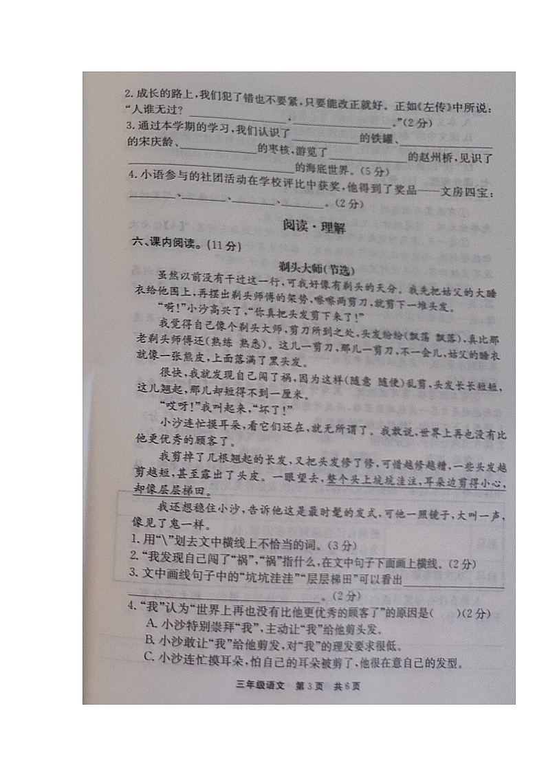 河南省新乡市封丘县2024-2025学年下学期三年级语文期末试卷（含答案）第3页