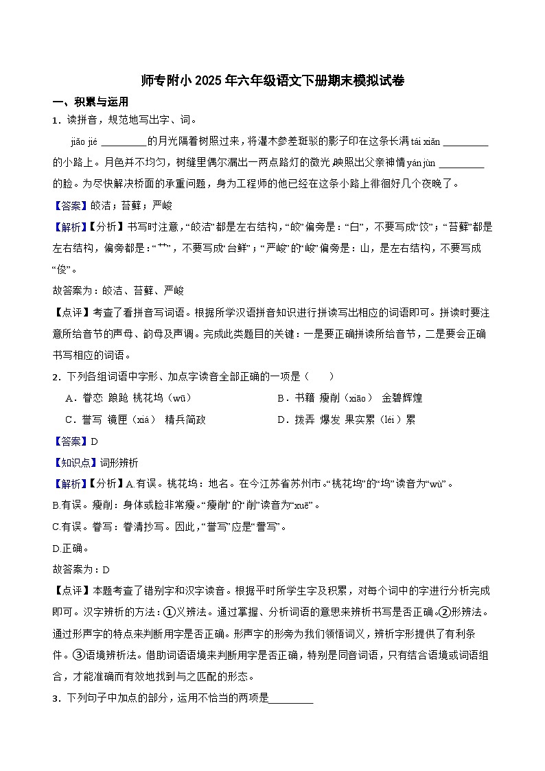 师专附小2025年六年级语文下册期末模拟试卷（五）(教师版)第1页