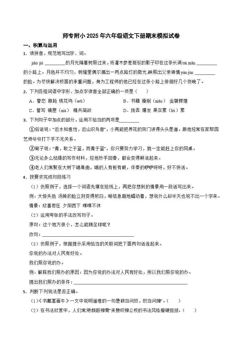 师专附小2025年六年级语文下册期末模拟试卷（五）(学生版)第1页