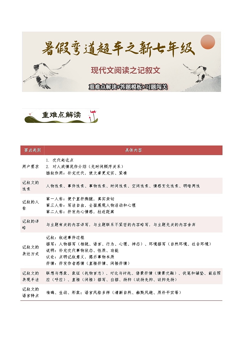 现代文阅读之【记叙文】-暑假新七年级名著阅读弯道超车 重难点解读+答题模板+习题闯关（解析版）第1页