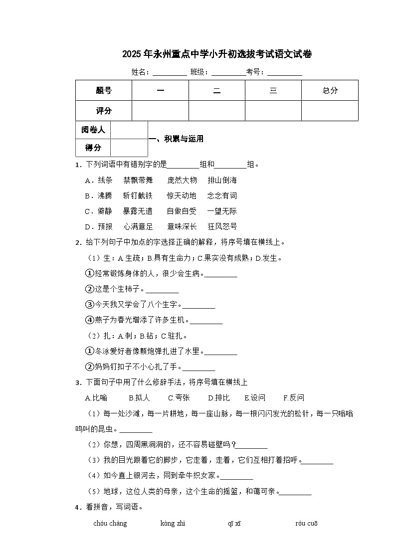 2025年永州重点中学小升初选拔考试语文试卷（三）含解析第1页