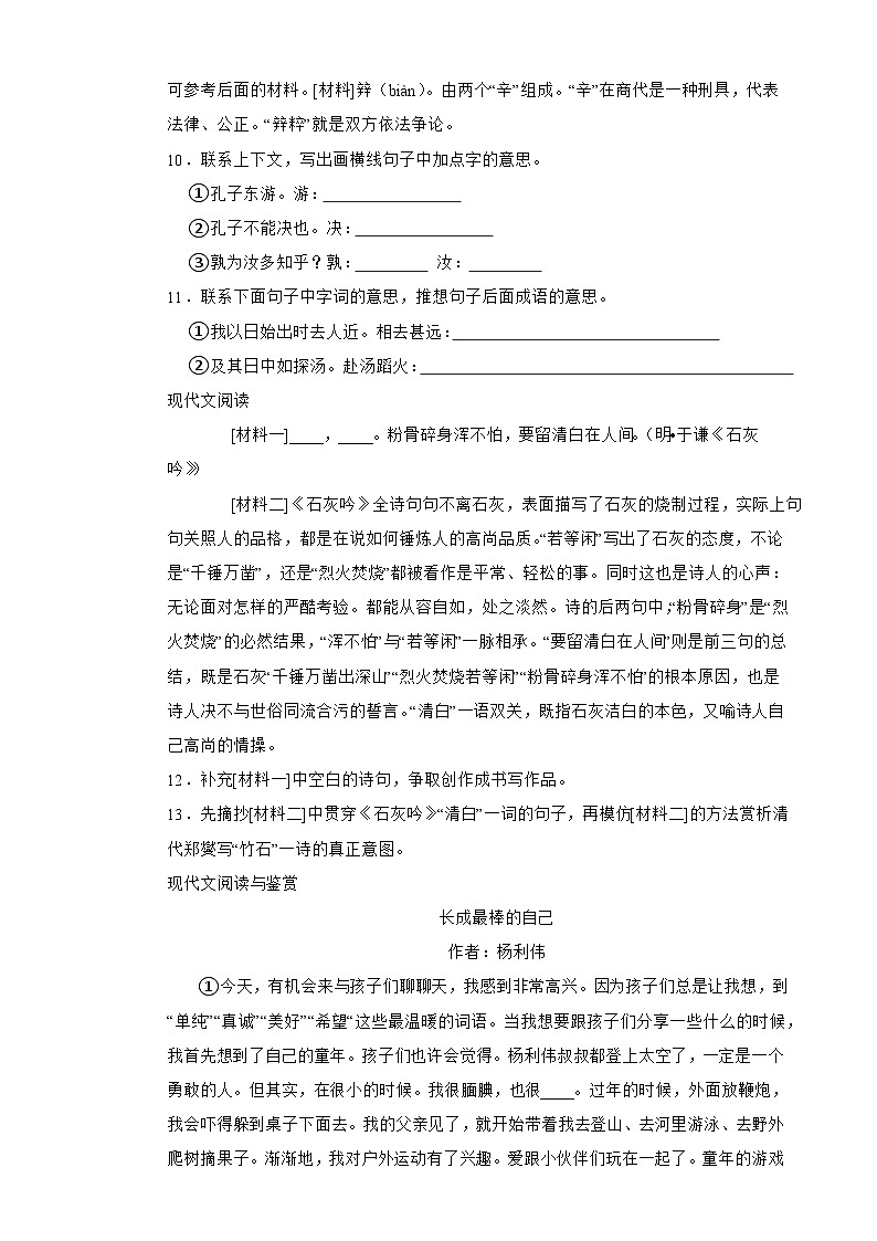 2025年永州重点中学小升初选拔考试语文试卷（十）含解析第3页