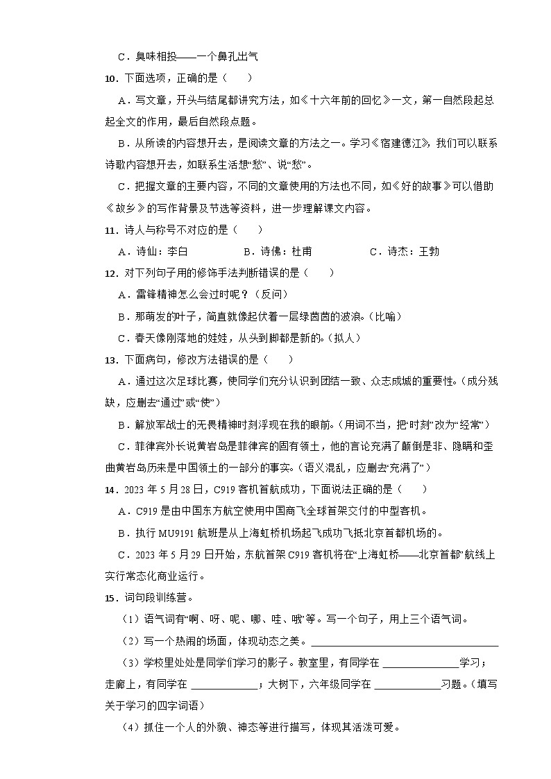 2025年永州重点中学小升初选拔考试语文试卷（一） 含解析第3页