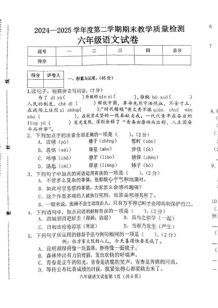 河北省邯郸市成安县2024-2025学年六年级下语文期末试卷第1页