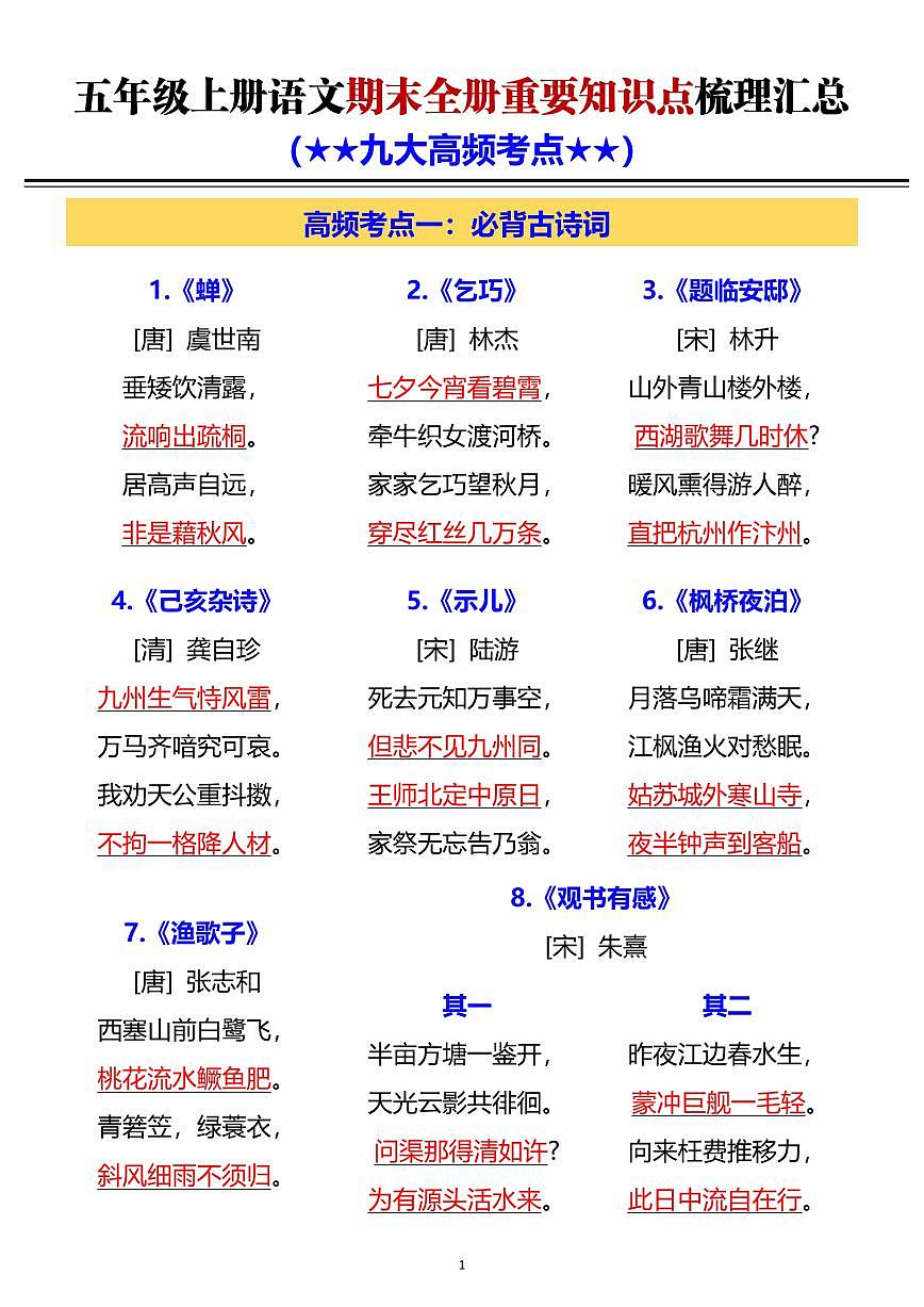 五年级上册语文期末全册重要知识点梳理汇总第1页